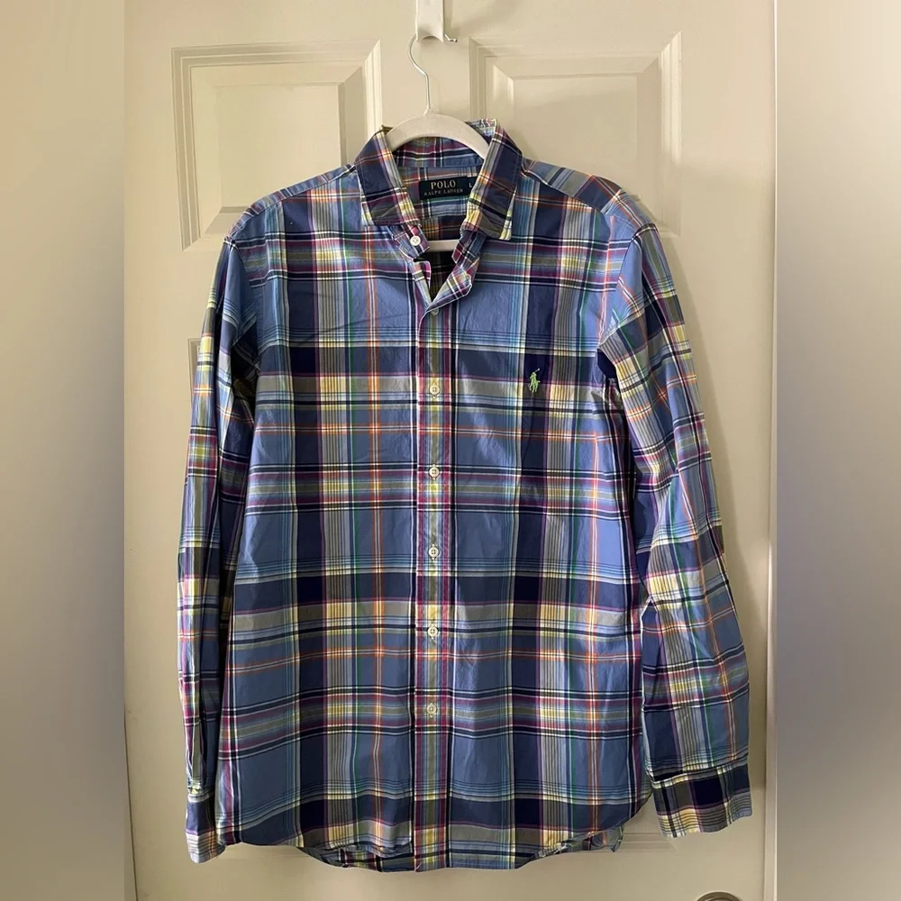 Men’s Polo Ralph Lauren Pastel Plaid Long Sleeve Button down shirt neon pony L